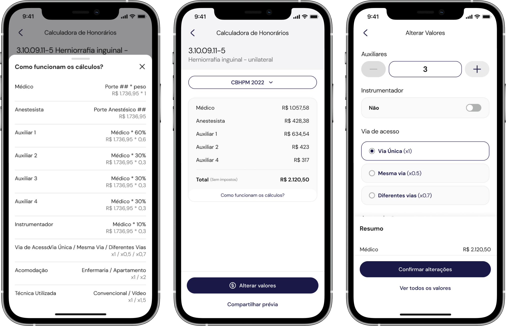 Interface da calculadora de honorários médicos